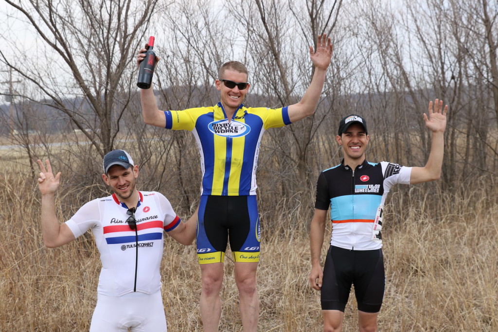 Cat 4/5 U35 podium, with Josh May (Air Assurance) 3rd, Taylor Scott (Tulsa Wheelmen) 2nd, and Chris Rice (Bixby Bicycle Works) 1st. Beasts, every one.